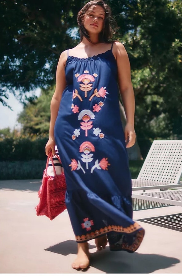 Anthropologie Malika Embroidered Maxi Dress Blue Boho Cotton Large